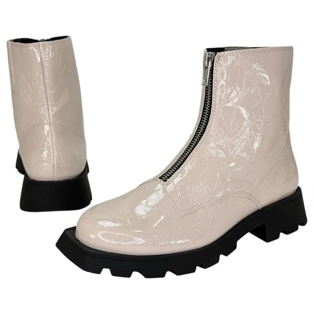 Katy Perry Collections Cream Patent Leather Ankle Boots with Black Lug Sole